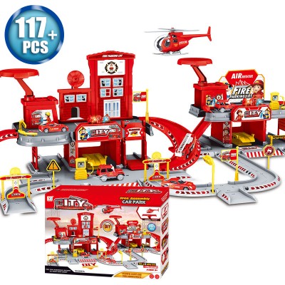 fire station parking garage play set assemble slot toys parent-child interactive building block simulation fire parking toy lot