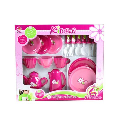 kitchen pretend play preschool toy pink plastic kids afternoon tea pot cup saucer set